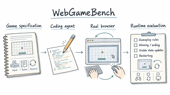 Hand-drawn WebGameBench research overview